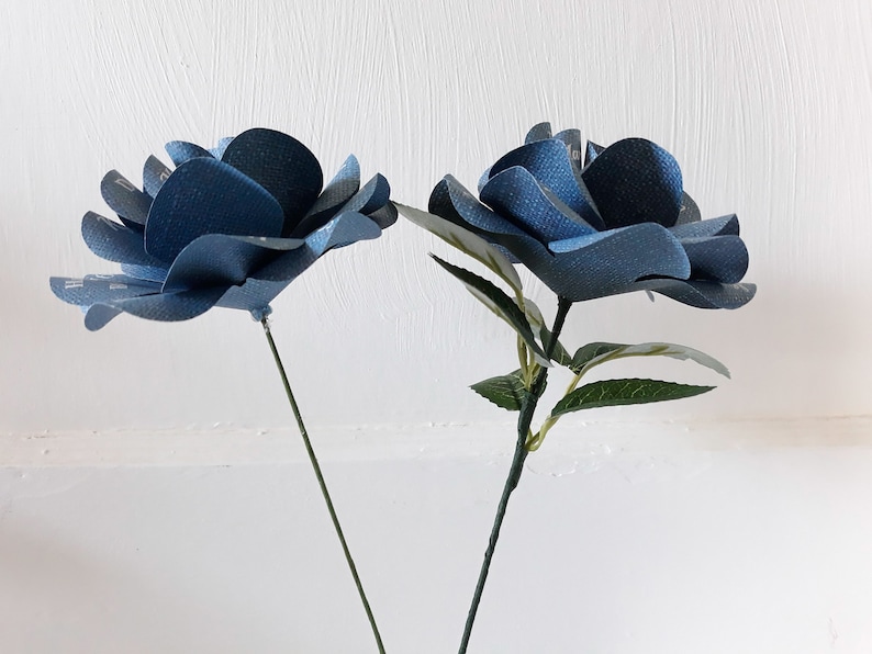 Denim and Diamonds Party Decoration or Favor Blue Denim Paper Roses with Personalized Print and 14 inch stems Set of 6 image 4