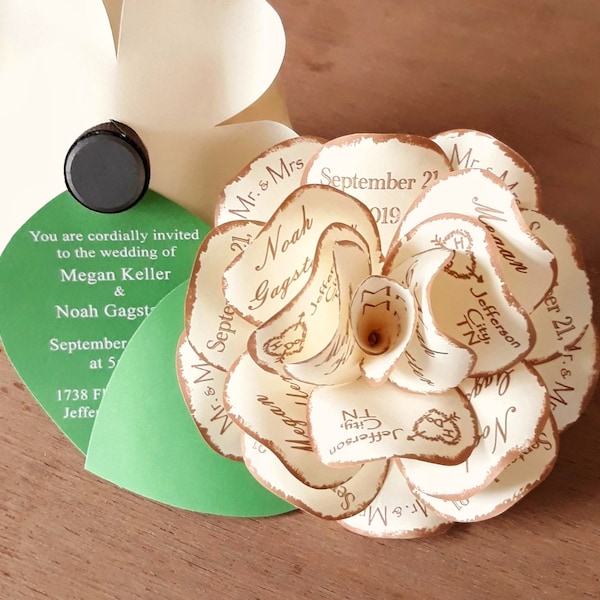 Rustic Wedding Invitation Wedding Paper Rose with Magnet and 5" x5"x 3" Individual Corrugated Mailer