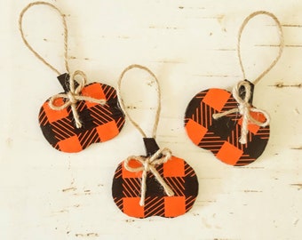 Rustic Orange  Buffalo Check Pumpkin Decoration For Fall and Halloween Tree Ornament with Twine Loop for Hanging 2 Sizes Set of 3 or 6