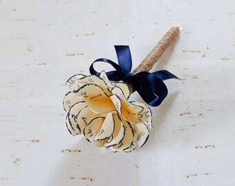 Navy Blue and Cream Personalized Paper Rose Topped Twine Wrapped Rustic Wedding Guestbook Pen