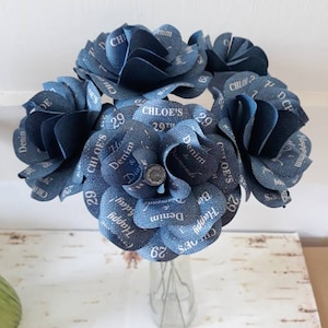 Denim and Diamonds Party Decoration or Favor Blue Denim Paper Roses with Personalized Print and 14 inch stems Set of 6 image 6