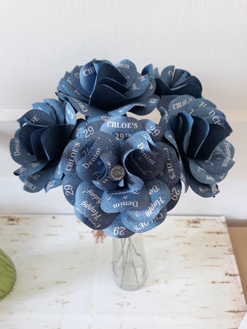 Denim and Diamonds Party Decoration or Favor Blue Denim Paper Roses with Personalized Print and 14 inch stems Set of 6 image 6