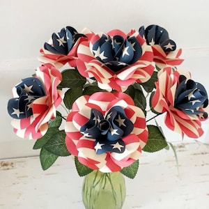 Stars and Stripes Americana Paper Roses US Flag Inspired for Patriotic Holidays Flag Day, Memorial Day or 4th of July Set of 6 or 12 w Stems