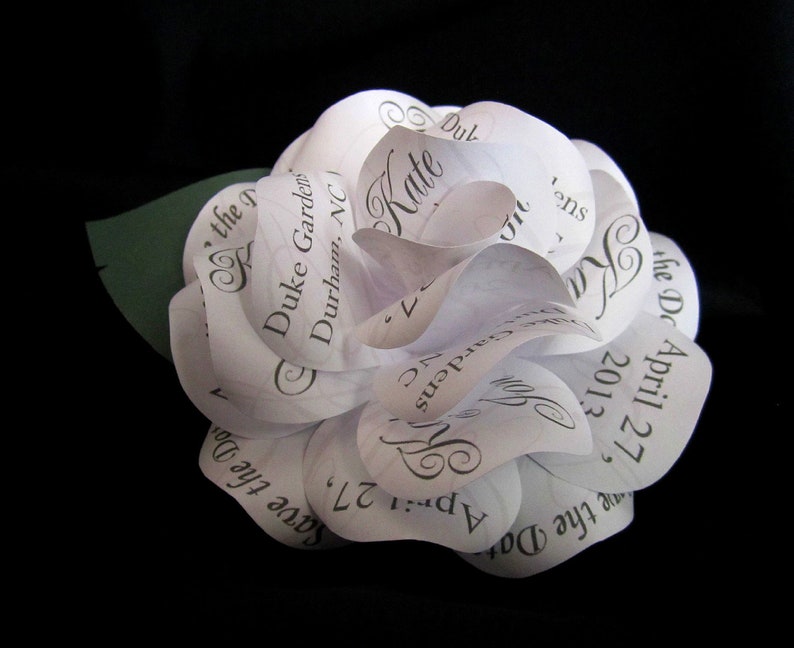 Save the Date Wedding Invitation White Paper Rose Magnet With Personalized Gray Print and White Corrugated Mailer