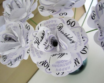 Paper Roses with Personalized Print for 40th, 50th, 60th Birthday or Any Age Set of 12 with Stems