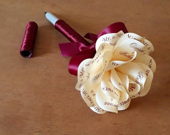 Cream and Burgundy Paper Rose Wedding Guestbook Pen or Marker with Personalized Burgundy Print and Burgundy Bow