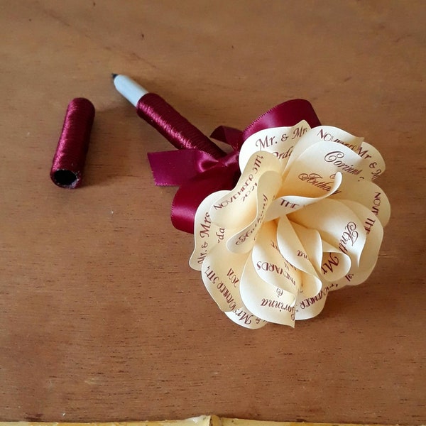 Cream and Burgundy Paper Rose Wedding Guestbook Pen or Marker with Personalized Burgundy Print and Burgundy Bow