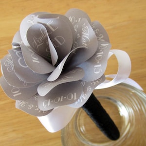 Wedding Sharpie Gray Paper Rose Topped  Permanent Marker Wrapped in Black Satin Cord  with Personalized White Print and White Satin Bow
