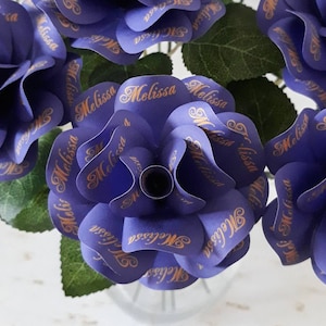 Purple and Gold Personalized Party Decoration or Gift For Birthday or Any Occasion Paper Roses with Stems  2.5&quot; Diameter Set of 12