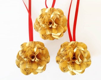 Christmas Sheet Music Ornaments Metallic Gold Paper Roses with Ribbon or Wire Stem for Hanging Set of 6