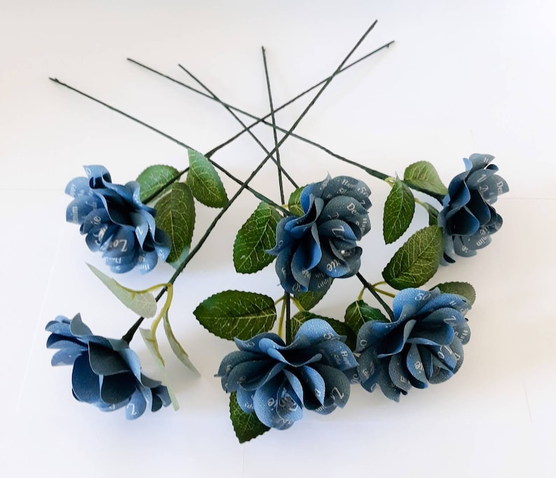 Denim and Diamonds Party Decoration or Favor Blue Denim Paper Roses with Personalized Print and 14 inch stems Set of 6 image 7