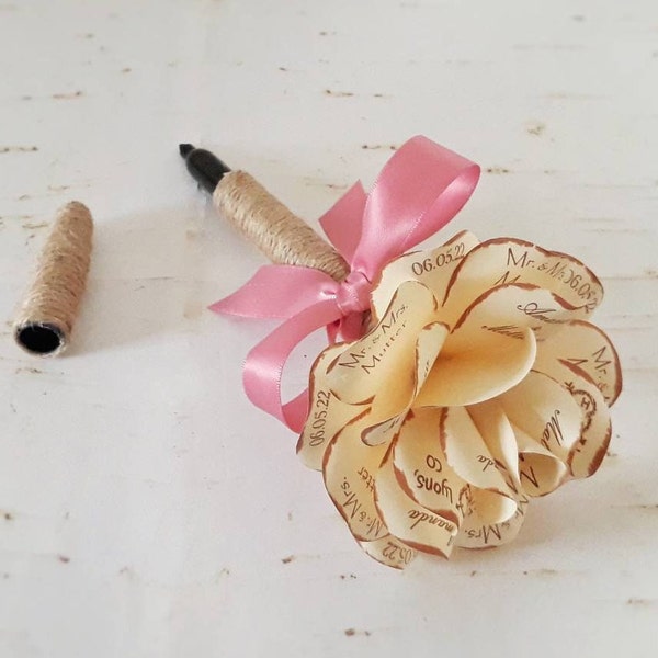 Rustic Wedding Guestbook Permanent Marker Twine Wrapped Topped with Personalized Paper Rose