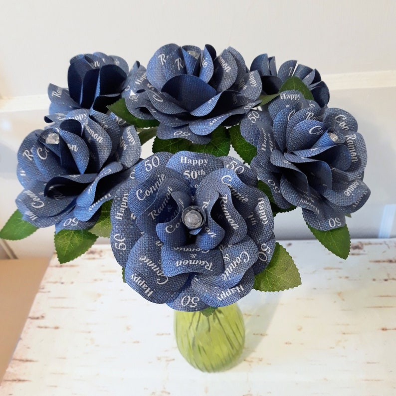 Denim and Diamonds Party Decoration or Favor Blue Denim Paper Roses with Personalized Print and 14 inch stems Set of 6 image 1