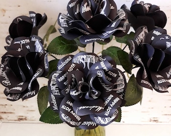 Personalized Black Birthday Paper Roses for 40th, 50th, 60th Any Age Birthday  4" Diameter Roses with 14" Stem Set of 6