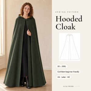 Hooded Cloak Sewing Pattern, Floor Length Cape with Hood PDF, Halloween Costume, Renaissance Winter Cloak, XS-XXXL, A4 Letter A0