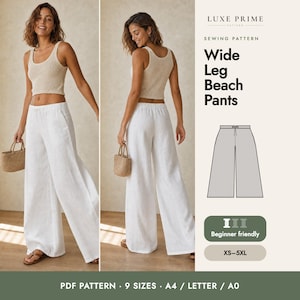 Wide Leg Linen Pants Sewing Pattern Women XS-5XL, Drawstring Beach Pants PDF, Low Rise Summer Pants with Pockets, Beginner, A4 Letter A0