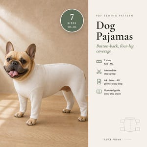 Naaipatroon voor hondenpyjama, hondenonesie met 4 poten en knoopsluiting aan de achterkant (PDF), pyjama-jumpsuit voor huisdieren, kleine tot grote honden (XXS-XXL), A4-formaat.