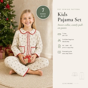 Kids Pajama Set Sewing Pattern 6M-10Y, Button Front Pajama Top Peter Pan Collar + Pants, Christmas Pajamas PDF, A4 Letter A0
