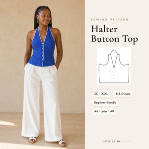 Naaipatroon voor een haltertop voor dames, maat XS-XXXL, cup B & D, haltertop met knoopsluiting aan de voorkant (PDF), geschikt voor beginners, A4-formaat (A0).