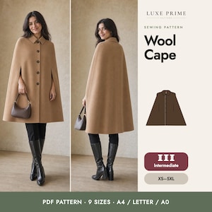Wool Cape Sewing Pattern, Long Cape Coat PDF with Arm Slits and Collar, Lined Winter Cape, XS-5XL Plus Size, A4 Letter A0
