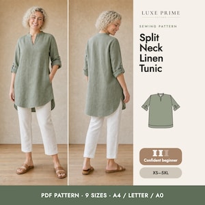 Linen Tunic Sewing Pattern XS-5XL, Split Neck Tunic Top PDF with Band Collar, Pockets, High Low Hem, Plus Size Tunic Pattern, A4 Letter A0