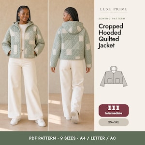 Patron de couture pour veste courte matelassée à capuche, mini-manteau matelassé (PDF), niveau intermédiaire, tailles XS à 5XL, format A4 ou A0.