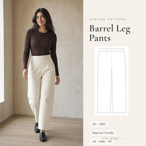 Puede incluir: Un patrón de costura para pantalones Barrel Leg con un dibujo técnico de línea. El texto dice Sewing Pattern, Barrel Leg Pants, XS-XXXL, Beginner friendly y A4, Letter, A0. Los pantalones son de tiro alto y de color crema.