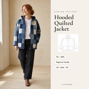 Naaipatroon voor een gewatteerde jas met capuchon voor dames, maat XS-XXXL, patchwork gewatteerde jas (PDF), beginnersvriendelijk, A4-formaat, A0-formaat.