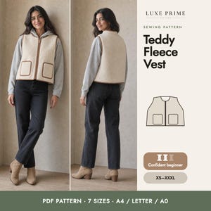 Teddy Vest Sewing Pattern, Sherpa Fleece Vest PDF, Cropped Zip Up Vest, Confident Beginner, XS-XXXL, A4 Letter A0