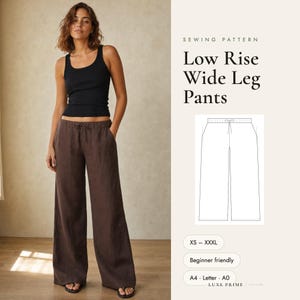 Puede incluir: Un patrón de costura para pantalones de tiro bajo y pierna ancha con una camiseta sin mangas negra y pantalones marrones con cordón. El gráfico incluye un dibujo técnico de los pantalones, tallas de XS a XXXL y formatos A4, Letter y A0.