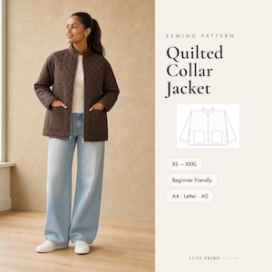 Peut inclure: Un patron de couture pour une veste matelassée à col, disponible des tailles XS à XXXL. Le modèle présente une veste marron matelassée avec une fermeture éclair et deux poches plaquées. Inclut un dessin technique, les tailles et formats.