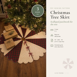 Naaipatroon voor een kerstboomrok, patchwork gewatteerde kerstboomrok met geschulpte rand (PDF), 3 maten, eenvoudig voor beginners, A4-formaat, Letter A0