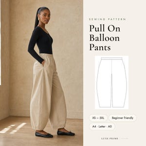 May include: A sewing pattern for Pull On Balloon Pants featuring a black long-sleeve top and beige wide-leg pants with an elastic waistband. The graphic includes a technical line drawing of the pants, size range XS-5XL, and paper formats A4, Letter, and A0.