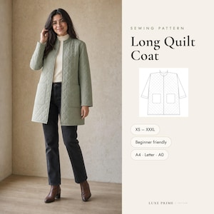 Naaipatroon voor een gewatteerde jas voor dames, maat XS-XXXL, lange gewatteerde jas (PDF), jas met opstaande kraag en ritssluiting, geschikt voor beginners, A4-formaat (A0-formaat).