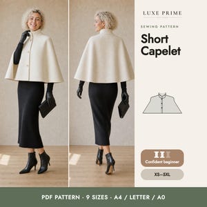 Patrón de costura para capa corta, capa corta en PDF con cuello alto, capa corta de lana forrada para vacaciones, capa hasta la cintura, tallas grandes XS-5XL, A4 Carta A0