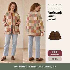 Patchwork Quilt Jacket Sewing Pattern, Quilt Coat PDF from a Vintage Quilt, Collarless Button Jacket, XS-5XL, A4 Letter A0