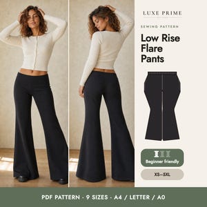 Low Rise Flare Pants Sewing Pattern for Women XS-5XL, Flared Trousers PDF, Y2K Bootcut Pull On Pants, Beginner, A4 Letter A0