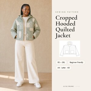 Patrón de costura de chaqueta acolchada corta con capucha, mini abrigo acolchado en PDF, apto para principiantes, tallas grandes XS-5XL, tamaño A4 Carta A0