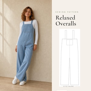 May include: A sewing pattern for Relaxed Overalls featuring a light blue denim jumpsuit with a front bib pocket and wide legs. The graphic includes the text Sewing Pattern, Relaxed Overalls, and Luxe Prime Pattern with a line drawing illustration.