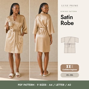 Satin Robe Sewing Pattern, Kimono Robe PDF with Pockets, Women Dressing Gown, Confident Beginner, XS-5XL Plus Size, A4 Letter A0