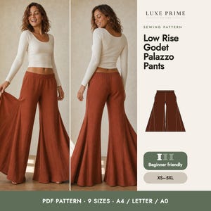 Patrón de costura para pantalones palazzo godet de talle bajo para mujer XS-5XL, pantalones acampanados de pierna ancha en PDF, cintura elástica, fácil de poner, tamaño A4 Carta A0
