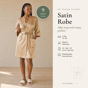 Satin Robe Sewing Pattern, Kimono Robe PDF with Pockets, Women Dressing Gown, Beginner, XS-5XL Plus Size, A4 Letter A0