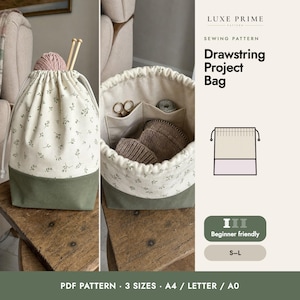 Drawstring Project Bag Sewing Pattern, Knitting Project Bag PDF with Boxed Base and Pockets, 3 Sizes, Easy Beginner, A4 Letter
