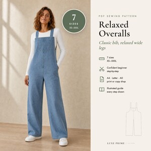 Overalls Sewing Pattern, Wide Leg Dungarees PDF, Bib Overalls with Button Straps, Easy Jumpsuit, XS-XXXL, A4 Letter A0