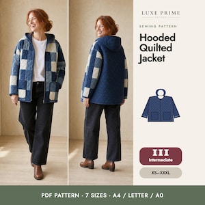Hooded Quilted Jacket Sewing Pattern for Women XS-XXXL, Patchwork Quilt Coat PDF, Intermediate, A4 Letter A0