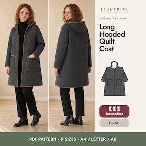Long Hooded Quilt Coat Sewing Pattern, Knee Length Quilted Jacket PDF, Intermediate, XS-5XL Plus Size, A4 Letter A0