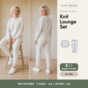 Patrón de costura para conjunto de salón, sudadera y pantalón deportivo en PDF, chándal de punto, conjunto de felpa francesa, XS-XXXL, A4 Carta A0