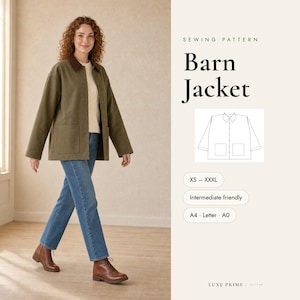 以下が含まれることがあります： Barn Jacketの縫製パターン。ボタン付きジャケットと2つのフロントポケットの線画が特徴です。「SEWING PATTERN」、「Barn Jacket」、「XS – XXXL」、「Intermediate friendly」、「A4 · Letter · A0」、「LUXE PRIME | PATTERN」というテキストが含まれています。