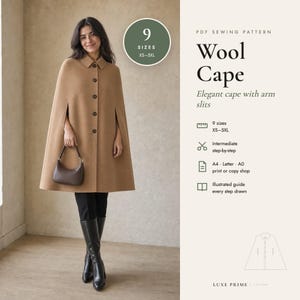 Cartamodello per mantello di lana, cappotto lungo a mantello in PDF con spacchi sulle maniche e colletto, mantello invernale foderato, taglie forti XS-5XL, formato A4 Lettera A0