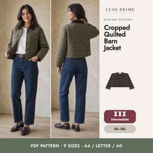 Cropped Barn Jacket Sewing Pattern, Quilted Chore Coat PDF, Corduroy Collar Jacket with Plaid Lining, XS-5XL, A4 Letter A0